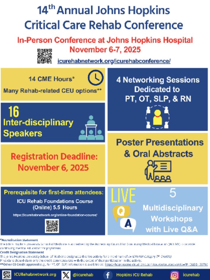APTA, Academy of Cardiovascular & Pulmonary PT (@aptacvp) on Twitter photo <a href="/APTAcvp/">APTA, Academy of Cardiovascular & Pulmonary PT</a> is a Sponsor! đź“·
Join 14th <a href="/HopkinsMedicine/">Johns Hopkins Medicine</a>
@ICURehab Conference
In-Person Conference:
Johns Hopkins Hospital
Nov 6-7, 2025
See infographic below
Register & Info:
ICURehabnetwork.org
#ICURehab <a href="/APTAcvp/">APTA, Academy of Cardiovascular & Pulmonary PT</a> is a Sponsor! đź“·
Join 14th <a href="/HopkinsMedicine/">Johns Hopkins Medicine</a>
@ICURehab Conference
In-Person Conference:
Johns Hopkins Hospital
Nov 6-7, 2025
See infographic below
Register & Info:
ICURehabnetwork.org
#ICURehab