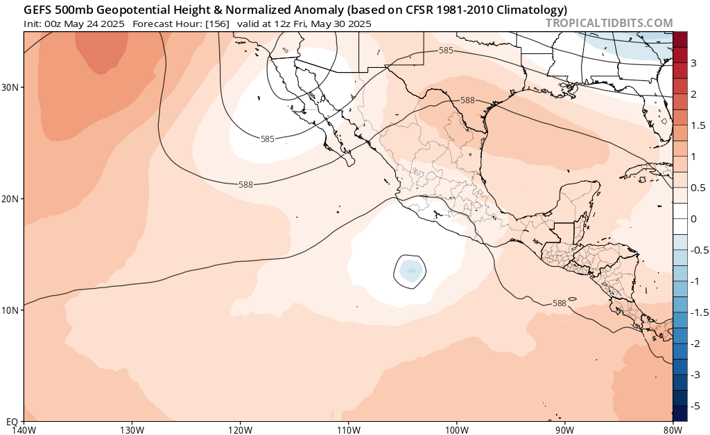 Models continue to show a strong signal for the first EPAC storm of 2025 to form next week. Conditions could be favorable for it to get pretty strong before moving into cooler waters eventually. As usual, the GEFS has a weaker ridge to the north so it gets the system closer to