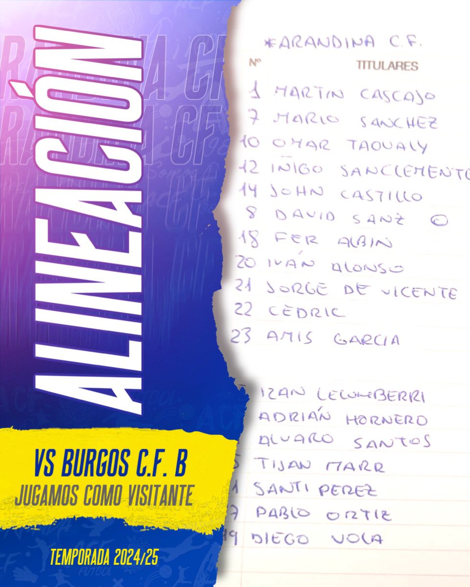 ¡Este será nuestro XI para ganar este partido!
VS @lafactoriaBCF
¡¡Vamos equipo!!

#somosArandina 🔵⚪
#somosClub
#somosFútbol ⚽