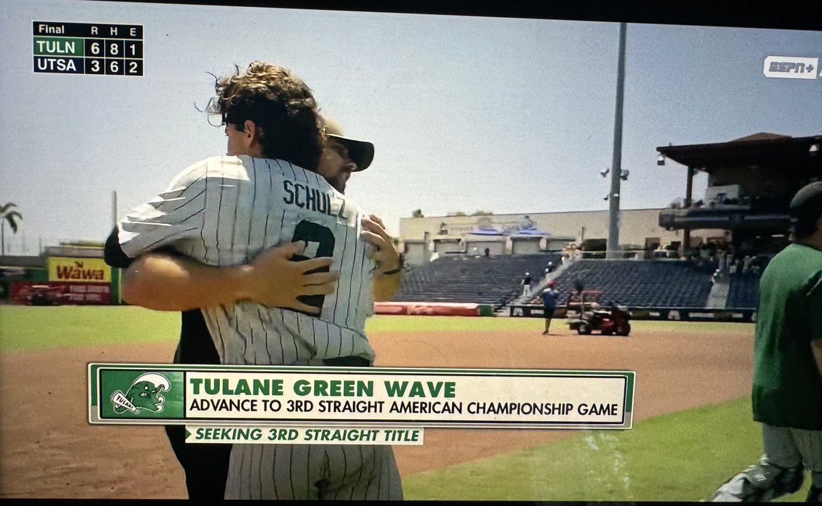 Tulane smacks #1 seed UTSA and makes its 3rd consecutive American Championship game. 

9 innings from a THREE PEAT and a 3rd consecutive NCAA tourney. 

ROLL WAVE 🌊👑