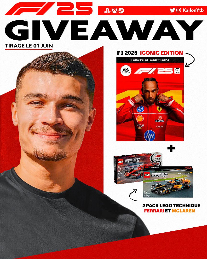 🎁CONCOURS🎁

Pour l’arriver de F1 25 je vous offre l’édition « ICONIC » + 2 LEGO F1 🏎️ 
(D'autres giveaway arrivent très bientôt 👀)

Pour participer :

- Follow <a href="/KailonYTB/">Kailon 🏎</a> &amp; <a href="/KailonTV/">KailonTV</a> 
- RT ce post
- Mentionne un pote en commentaire

Double t'es chances en participant sur