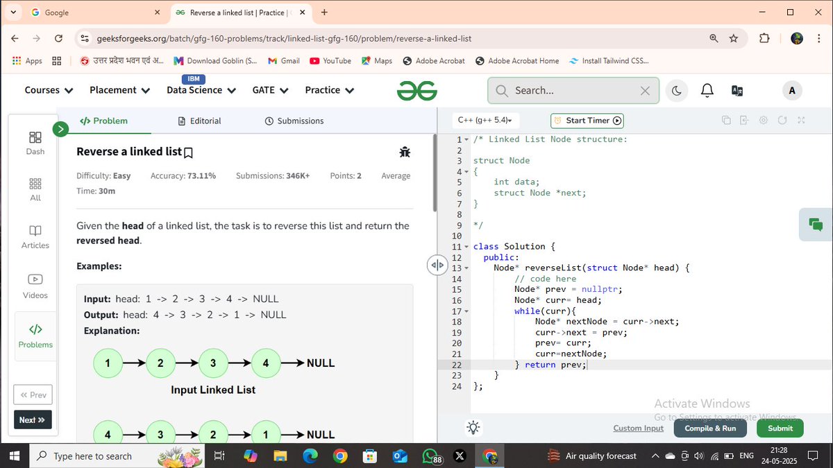ashutosh_m03's tweet photo. Day 65 of my #GFG160DaysCodingChallenge ||| Reverse a linked list !!! #gfg160 #geekstreak2025 #geeksforgeeks #160DaysOfCode
@geeksforgeeks https://t.co/qHCUM5J2h7
