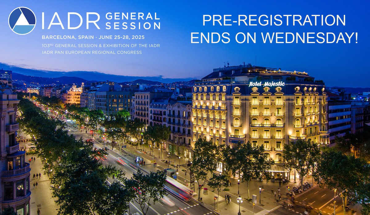 💥REMINDER💥

Pre-registration for the 2025 IADR/PER General Session &amp; Exhibition ends on Wednesday, March 28. Register before this date to save more than $100!

#IADR2025 #dentalresearch #Barcelona #dentistry #oralhealth #caries #healthyteeth