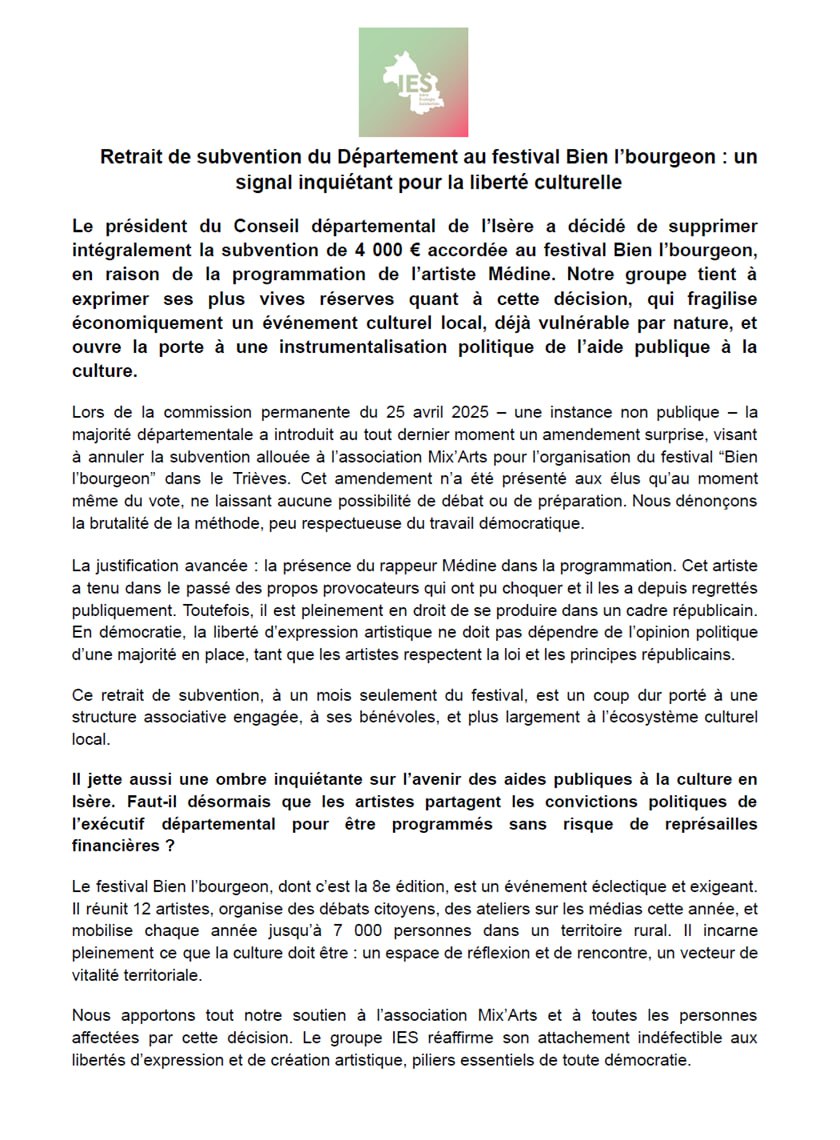 38_Generations's tweet image. Total soutien à l'association Mix'Arts.
La décision prise pas le conseil départemental de l'Isère de supprimer la subvention accordée au festival Bien l'bourgeon est une honte !