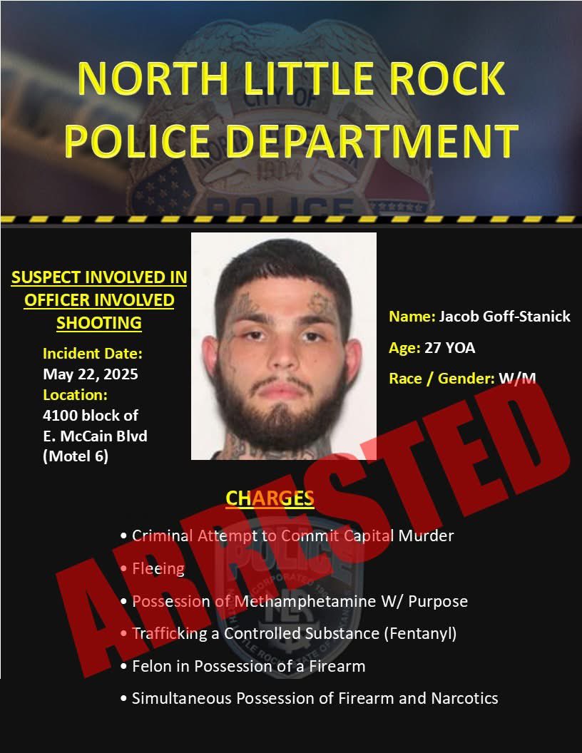 NLRPD's tweet image. **Update on NLRPD Officer Involved Shooting**
On May 22, 2025, at approximately 6:45 a.m., Officers with NLRPD initiated a traffic stop in the 4100 block of East McCain Blvd (Motel 6). As the vehicle was slowing to a stop, the front seat passenger exited the vehicle and swiftly…