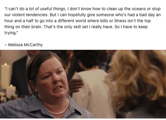 alvinalexander's tweet image. I don’t watch many movies, but my nieces made me watch Bridesmaids, and that eventually led to seeing this favorite quote about finding meaning in work.