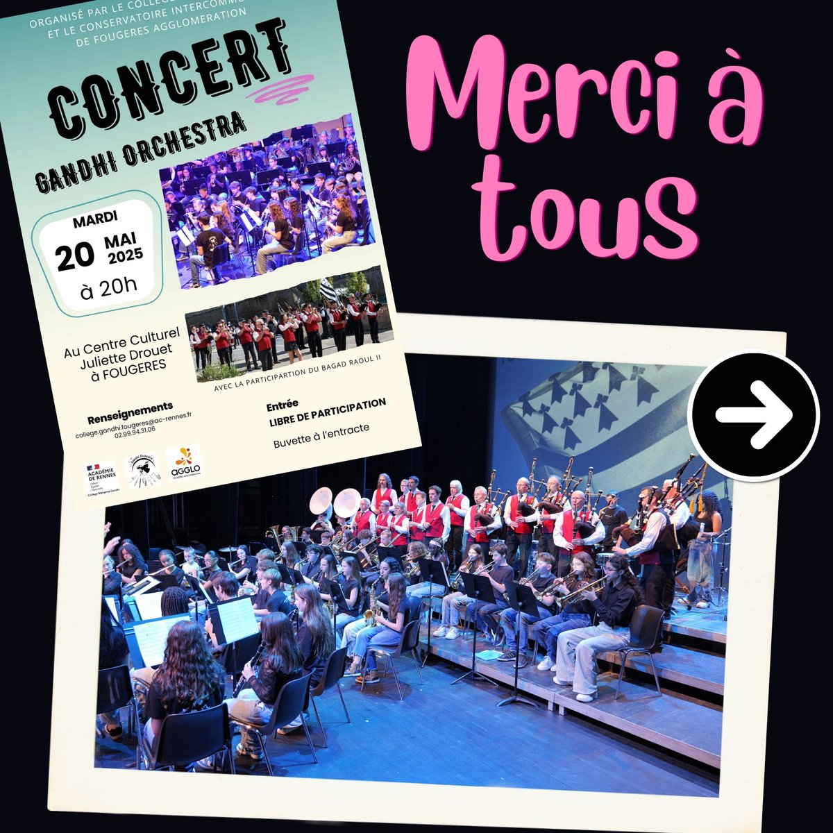 gandhi_college's tweet photo. 69 élèves musiciens. 550 spectateurs. Merci aux élèves, parents, enseignants et personnels du collège. Merci à Fougères Agglomération, au conservatoire de Fougères et au centre culturel Juliette Drouet
Un énorme bravo !
@centrecult_FA 
@acrennes https://t.co/7aSqQ4fz60