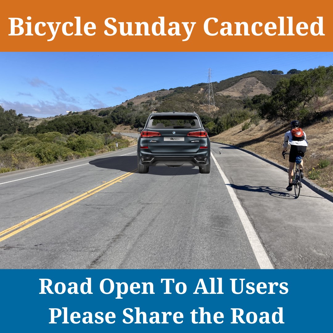 Bicycle Sunday is on holiday schedule Sun., May 25. We’re reminding cyclists &amp; motorists Cañada Rd will be OPEN to all traffic. Please:
⚠️Share road with all users
⚠️Drive/ride at speed limit &amp; be prepared to slow down 
2025 Bicycle Sunday holiday schedule bit.ly/4cLdDMd