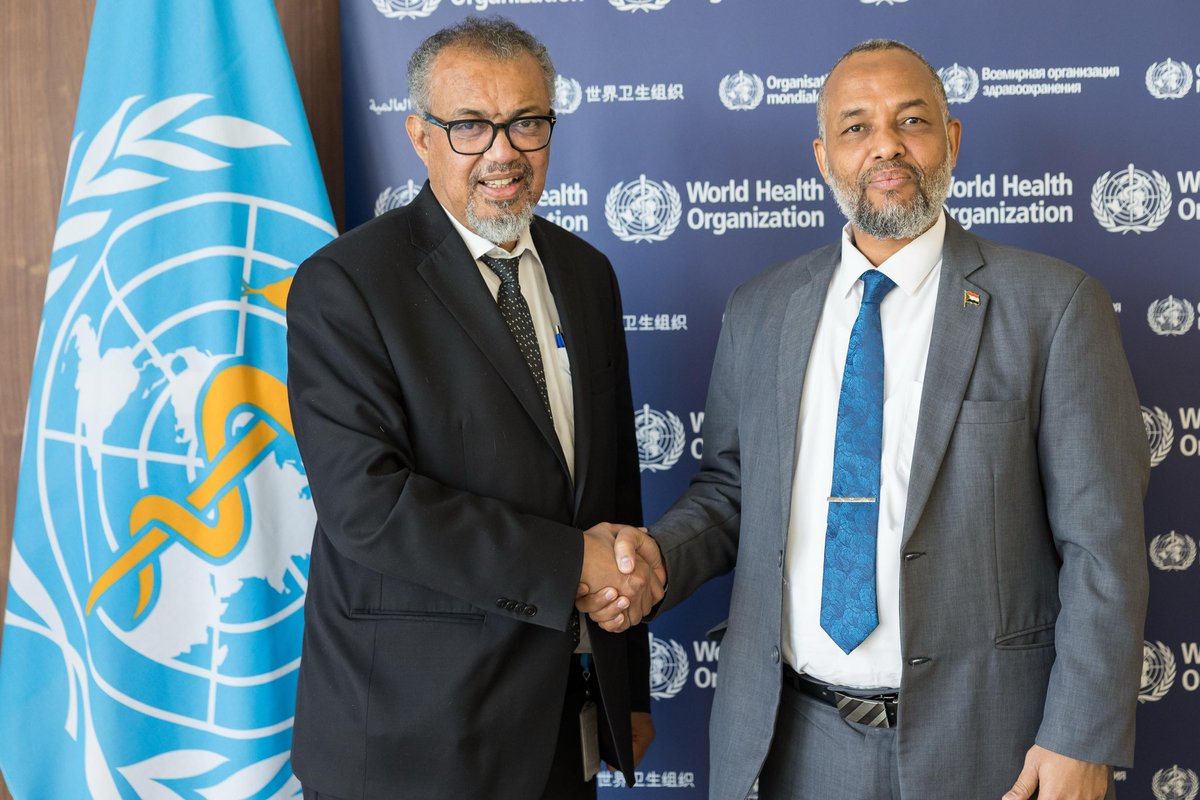 Tedros Adhanom Ghebreyesus (@drtedros) on Twitter photo Met with Health Minister Haitham Mohamed Ibrahim Awadallah to discuss the health situation and needs in #Sudan, and how to overcome the access challenges in delivering health aid.
<a href="/WHO/">World Health Organization (WHO)</a> will continue supporting with essential medical supplies, including to respond to the cholera Met with Health Minister Haitham Mohamed Ibrahim Awadallah to discuss the health situation and needs in #Sudan, and how to overcome the access challenges in delivering health aid.
<a href="/WHO/">World Health Organization (WHO)</a> will continue supporting with essential medical supplies, including to respond to the cholera