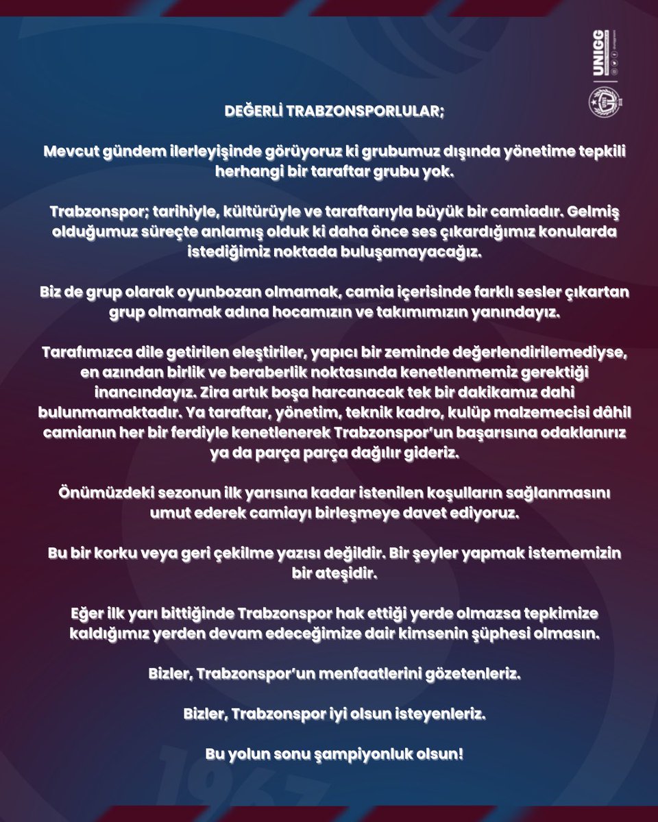 Trabzonspor; tarihiyle, kültürüyle ve taraftarıyla büyük bir camiadır.

#SadeceTrabzonspor