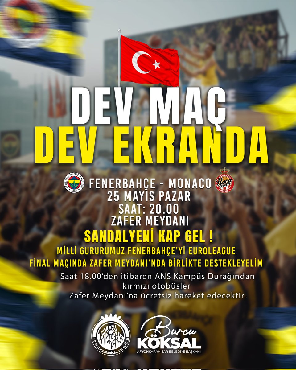 🏀 Final heyecanına davetlisiniz! 💛💙

🏆 Fenerbahçe Beko - AS Monaco
🗓️ 25 Mayıs Pazar
🕗 20.00
📍 Zafer Meydanı

Dev ekranda buluşuyor, Final Four finalinde Fenerbahçe’yi hep birlikte destekliyoruz!

Sandalyeni kap gel, bu büyük heyecana sen de ortak ol!