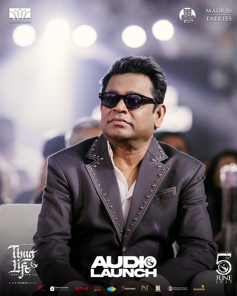 Madras Talkies (@madrastalkies_) on Twitter photo He Enters, Music Follows
The man of the moment, AR Rahman, at the #ThuglifeAudioLaunch
#ThuglifeFromJune5 #KamalHaasan #SilambarasanTR
A #ManiRatnam Film
An <a href="/arrahman/">A.R.Rahman</a> Musical
<a href="/ikamalhaasan/">Kamal Haasan</a> <a href="/SilambarasanTR_/">Silambarasan TR</a> #Mahendran <a href="/bagapath/">Siva Ananth</a> <a href="/trishtrashers/">Trish</a> <a href="/AishuL_/">Aishu__</a> <a href="/AshokSelvan/">Ashok Selvan</a> <a href="/abhiramiact/">Abhirami</a> He Enters, Music Follows
The man of the moment, AR Rahman, at the #ThuglifeAudioLaunch
#ThuglifeFromJune5 #KamalHaasan #SilambarasanTR
A #ManiRatnam Film
An <a href="/arrahman/">A.R.Rahman</a> Musical
<a href="/ikamalhaasan/">Kamal Haasan</a> <a href="/SilambarasanTR_/">Silambarasan TR</a> #Mahendran <a href="/bagapath/">Siva Ananth</a> <a href="/trishtrashers/">Trish</a> <a href="/AishuL_/">Aishu__</a> <a href="/AshokSelvan/">Ashok Selvan</a> <a href="/abhiramiact/">Abhirami</a>