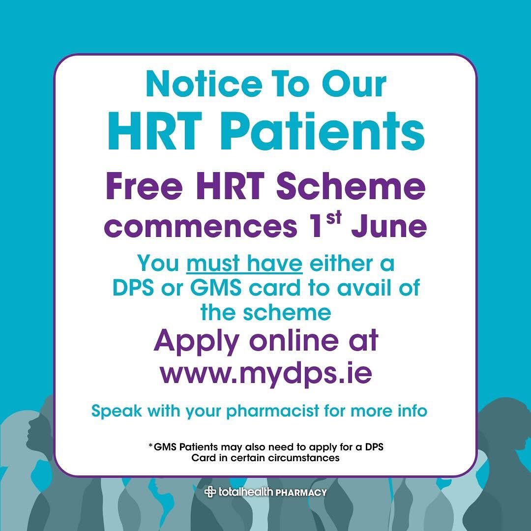 McElwee Pharmacies will offer free HRT from the 1st June. 

In order to be eligible you must have a valid “Medical Card” or “Drug Payments Scheme (DPS) Card”. 

How do I get a DPS card?
Go to:  mydps.ie

#freehrt #hrt #womenshealth #portlaoise #localpharmacy