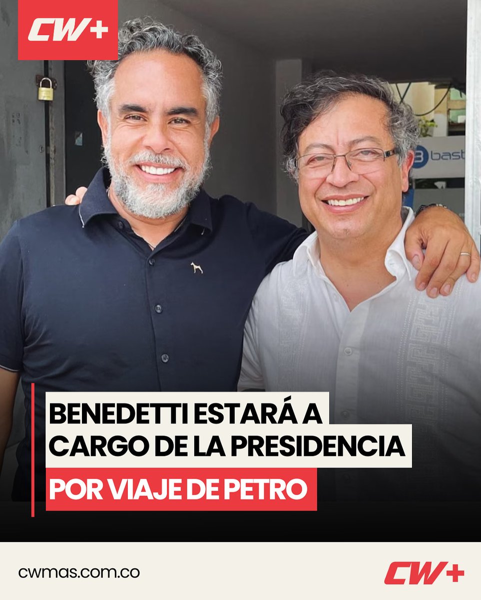 CW+ Noticias (@cwmasnoticias) on Twitter photo COLOMBIA | Armando Benedetti (<a href="/AABenedetti/">Armando Benedetti</a>) asumirá las funciones presidenciales durante la ausencia del presidente Gustavo Petro (<a href="/petrogustavo/">Gustavo Petro</a>), quien viaja a Ecuador entre el 24 y el 26 de mayo para asistir a la posesión de Daniel Noboa como nuevo mandatario de ese país.
La COLOMBIA | Armando Benedetti (<a href="/AABenedetti/">Armando Benedetti</a>) asumirá las funciones presidenciales durante la ausencia del presidente Gustavo Petro (<a href="/petrogustavo/">Gustavo Petro</a>), quien viaja a Ecuador entre el 24 y el 26 de mayo para asistir a la posesión de Daniel Noboa como nuevo mandatario de ese país.
La