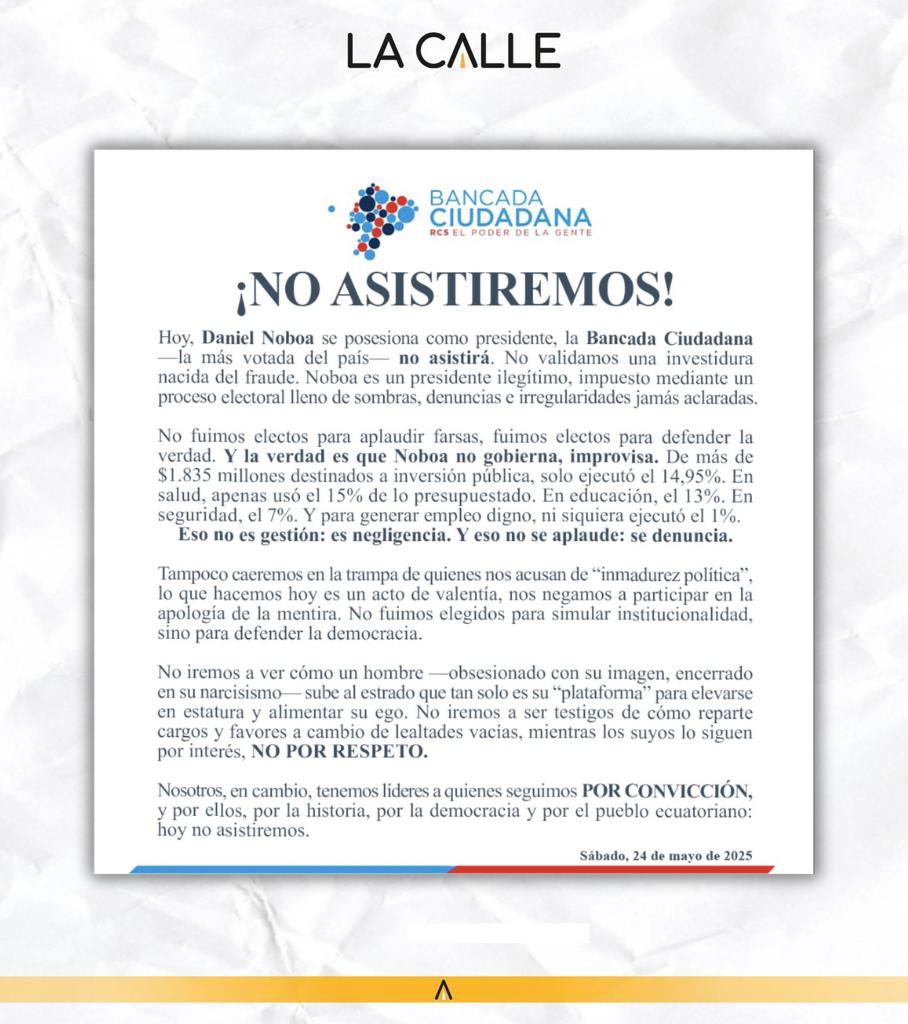 La Calle (@radiolacalle) on Twitter photo 📌 FESTEJEN ENTRE USTEDES | La RC no valida la posesión de <a href="/DanielNoboaOk/">Daniel Noboa Azin</a>.
Parece que el festejo será del oficialismo al oficialismo 👉👈 La <a href="/BancadaRC5/">Bancada Ciudadana</a> no asiste a la investidura del presidente reelecto porque “nace del fraude” y “es ilegítimo”, según su comunicado publicado a 📌 FESTEJEN ENTRE USTEDES | La RC no valida la posesión de <a href="/DanielNoboaOk/">Daniel Noboa Azin</a>.
Parece que el festejo será del oficialismo al oficialismo 👉👈 La <a href="/BancadaRC5/">Bancada Ciudadana</a> no asiste a la investidura del presidente reelecto porque “nace del fraude” y “es ilegítimo”, según su comunicado publicado a