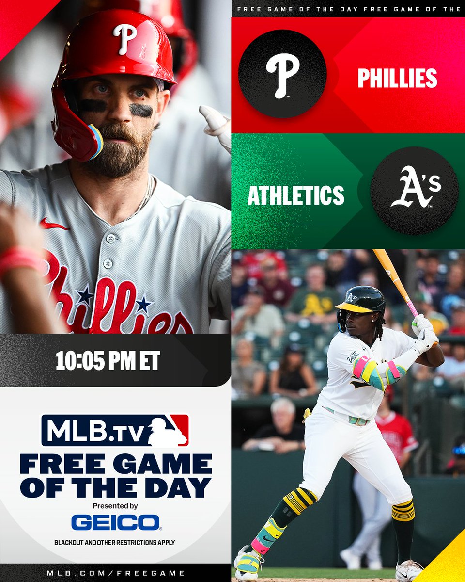Bryce Harper and the <a href="/Phillies/">Philadelphia Phillies</a> look to win their 9th straight when they take on Lawrence Butler and the <a href="/Athletics/">Athletics</a>.

Watch for FREE at 10:05 PM ET on #MLBTV

(MLB x GEICO)