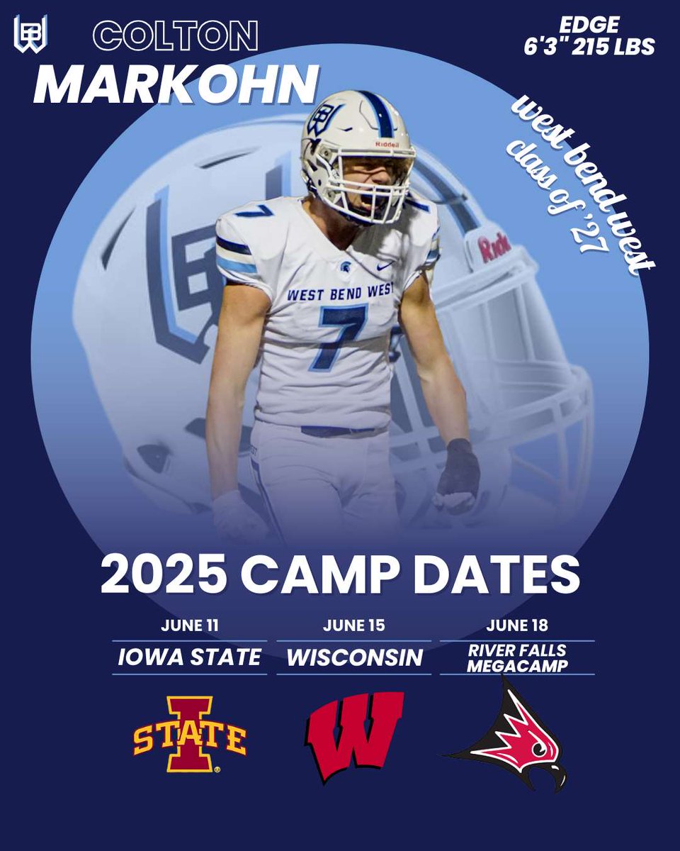 Colton Markohn (@cmarkohn) on Twitter photo Here's the final list of the camps I will be attending this summer. I am excited to compete, grow, and learn as a player!
<a href="/ripplinger_t/">Taylor Ripplinger</a> <a href="/WBW_Football/">West Bend West Football</a> <a href="/MJ_NFLDraft/">Mark Johnson</a> <a href="/travisWSN/">Travis Wilson</a> Here's the final list of the camps I will be attending this summer. I am excited to compete, grow, and learn as a player!
<a href="/ripplinger_t/">Taylor Ripplinger</a> <a href="/WBW_Football/">West Bend West Football</a> <a href="/MJ_NFLDraft/">Mark Johnson</a> <a href="/travisWSN/">Travis Wilson</a>