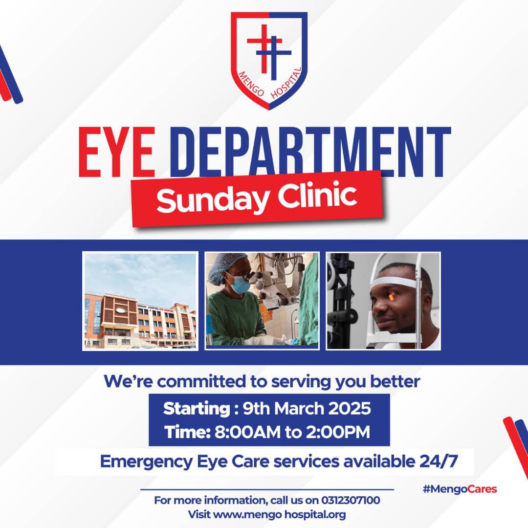 Are you a Monday to Saturday working person? Have you failed to create time for an eye check up during week days? Here is the opportunity to have your check-up. Utilise the Sunday Clinic at <a href="/EyeMengo/">MENGO EYE HOSPITAL</a> 8 to 2pm.