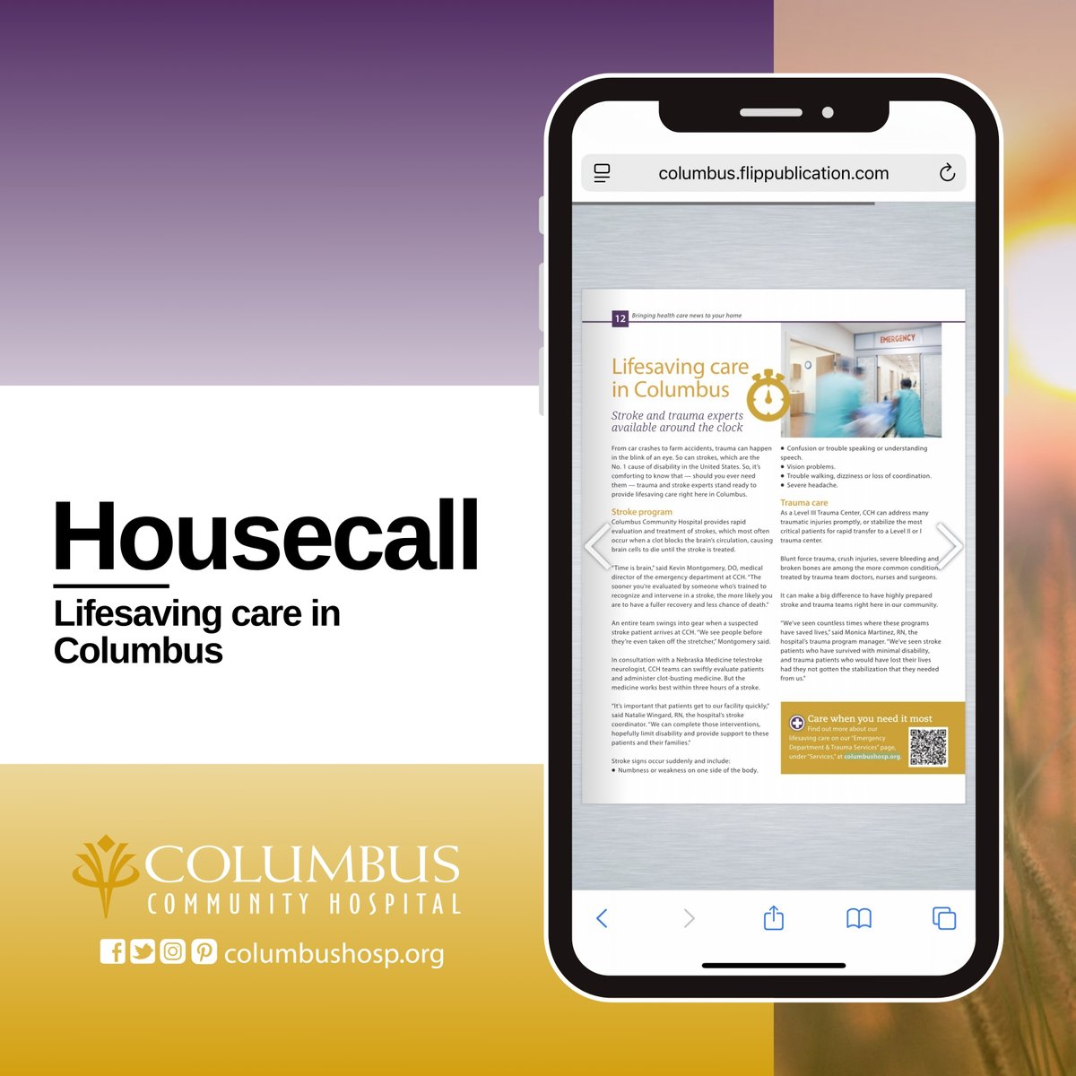 columbushosp's tweet image. Time is brain! Columbus Community Hospital's stroke program provides rapid evaluation and treatment to save lives and minimize disability. Read about the program’s critical work in the Spring 2025 Housecall:ow.ly/Z87650VXMww

#StrokeAwareness #CCH #lifesavingcare