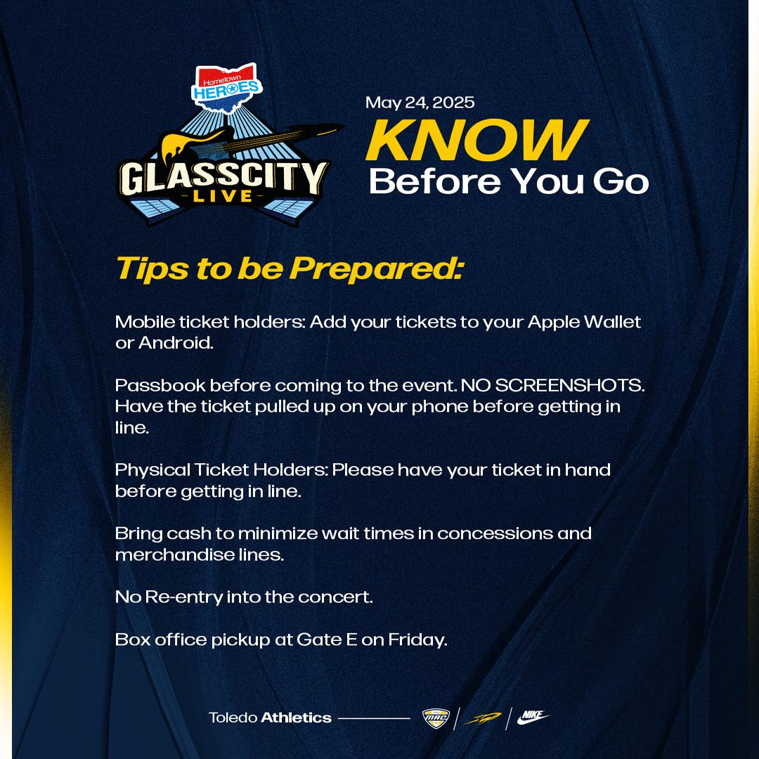 GlassCityLive's tweet photo. 🎸🎤Headed to Glass City Live? 

Make your concert night smooth with these quick tips!

🌟Gates open @4pm 

🎤Show starts @6pm

Don’t worry—there’s still time to buy tickets!
🎟️: https://t.co/oeOdeToOma
 
#GlassCityLive #JACLive #Toledoevents #ZacBrownBand #LiveMusic https://t.co/3saHuXxuOh