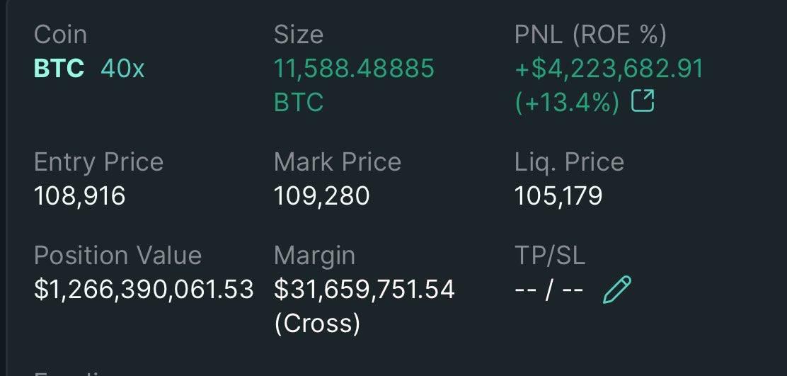 Josh_of_crypto's tweet photo. Trader James Wynn is currently holding a $1.26 billion long position on Bitcoin, with a liquidation price set at $105,179. https://t.co/y0rjun9Bx0