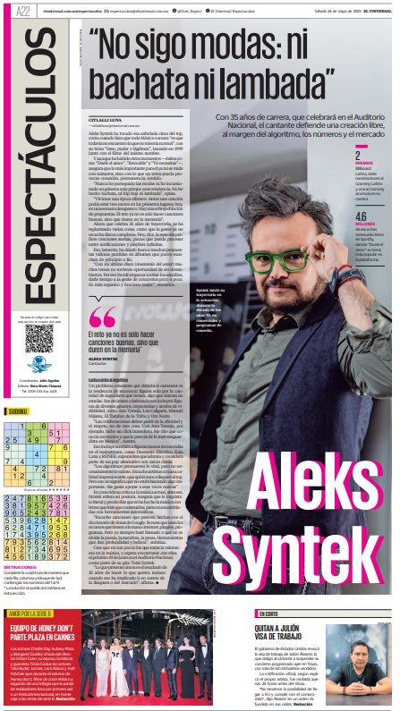 Univ_espect's tweet photo. #EnPortada Con 35 años de carrera, que celebrará en el Auditorio Nacional, el cantante @alekssyntek_ofi  defiende una creación libre, al margen del algoritmo, los números y el mercado 🎤🎹
https://t.co/jKweGOuOmE https://t.co/xaePECd66g