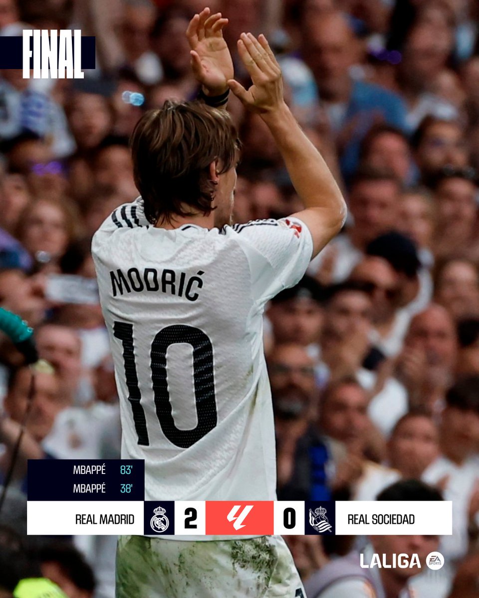 MundoReala's tweet image. #RealMadrid 2 #RealSociedad 0

1 - 0 Kyllian Mbappe 
2 - 0 Kyllian Mbappe 

#RealMadridRealSociedad