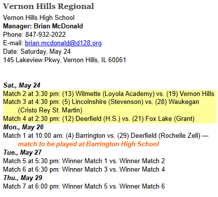 Game Day! The Ramblers travel to Vernon Hills to face Vernon Hills in a IHSA regional quarterfinal match. First serve scheduled for 3:30pm. #goramblers