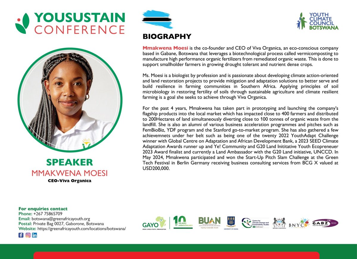 From waste to climate solutions—Mmakwena Moesi is leading a green revolution!
Catch her at the #YouSustainConference &amp; #YCCLaunch as she shares how innovation in agriculture is powering climate action in Botswana.

#ClimateLeadership #YCCBotswana #YouSustainConference