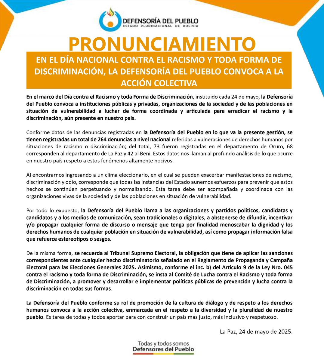 📜|| #Pronunciamiento 
EN EL DÍA NACIONAL CONTRA EL RACISMO Y TODA FORMA DE DISCRIMINACIÓN, LA DEFENSORÍA DEL PUEBLO CONVOCA A LA ACCIÓN COLECTIVA

Más detalles en 👇
🔗defensoria.gob.bo/noticias/en-el…

#TodasYTodosSomosDefensoresDelPueblo 
#DefensoríaDelPuebloDeBolivia