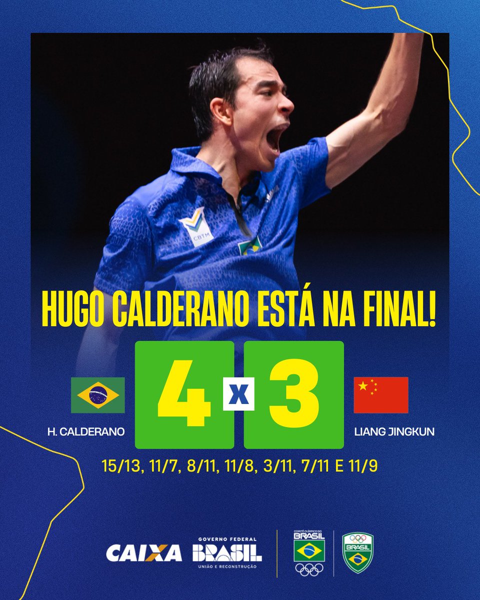 HUGO HISTÓRICO! 🚨🇧🇷

Hugo Calderano está na decisão do Mundial de Tênis de Mesa! 🏓🔥

Em uma semifinal eletrizante, o brasileiro venceu o chinês Liang Jingkun por 4 sets a 3 e garantiu vaga na GRANDE FINAL do torneio em Doha.

Foi na raça, no talento e na emoção que Hugo