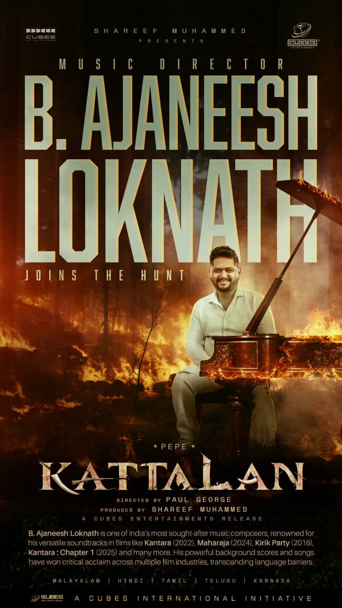Kannada music composer B. Ajaneesh Loknath, all set to make his debut in Malayalam cinema for the upcoming movie "Kattalan". 
#Kattalan #kannadamovie #Malayalam