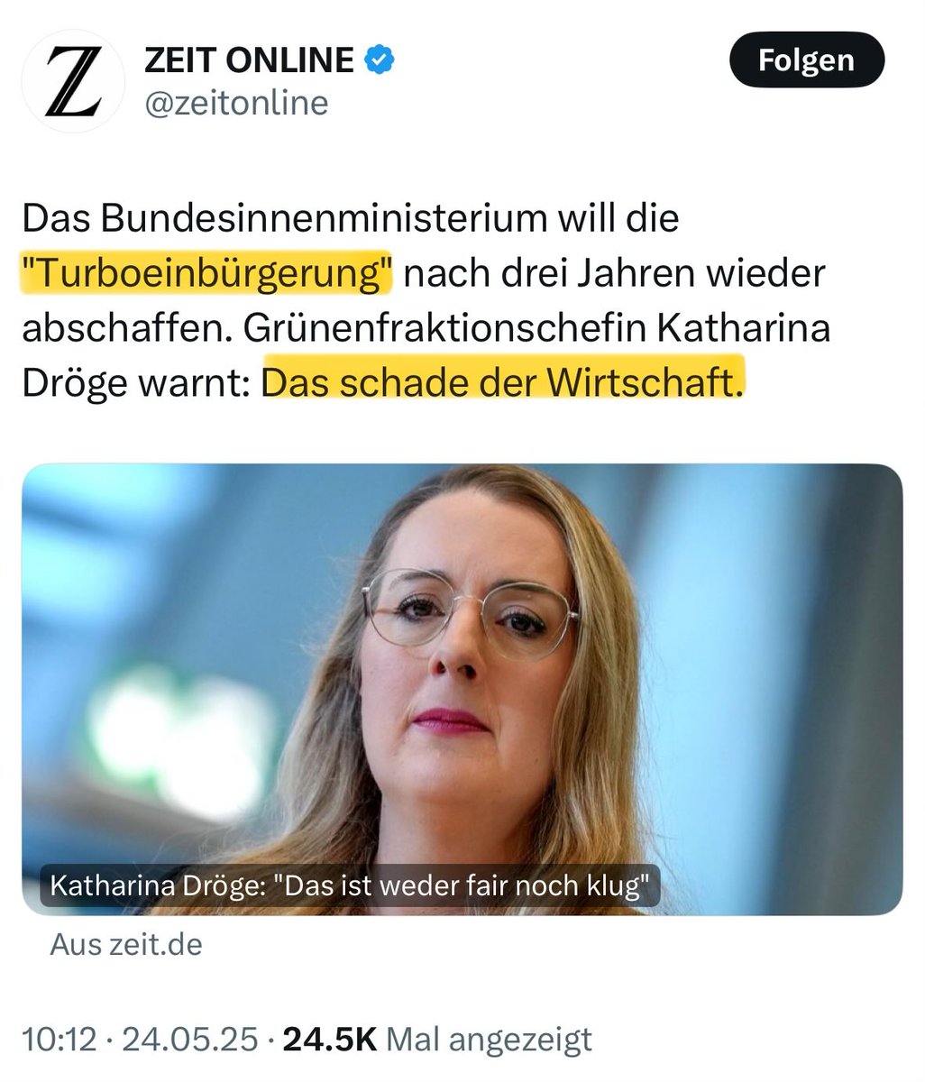Die einzige Branche, die bei der Abschaffung der „Turboeinbürgerung“ schaden nimmt, ist die grüne Asyl-Industrie.

Und wir erinnern uns: Die Grünen haben die deutsche Wirtschaft ruiniert.