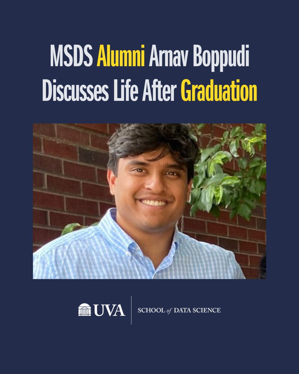UVA School of Data Science (@uvadatascience) on Twitter photo M.S. in Data Science alum, Arnav Boppudi, spoke with us about his path to becoming a Data Science Consultant at <a href="/Guidehouse/">Guidehouse</a>, how our program prepared him for his career and more.
To read Arnav's Q&A, click the link here: bit.ly/3EdkzWL M.S. in Data Science alum, Arnav Boppudi, spoke with us about his path to becoming a Data Science Consultant at <a href="/Guidehouse/">Guidehouse</a>, how our program prepared him for his career and more.
To read Arnav's Q&A, click the link here: bit.ly/3EdkzWL