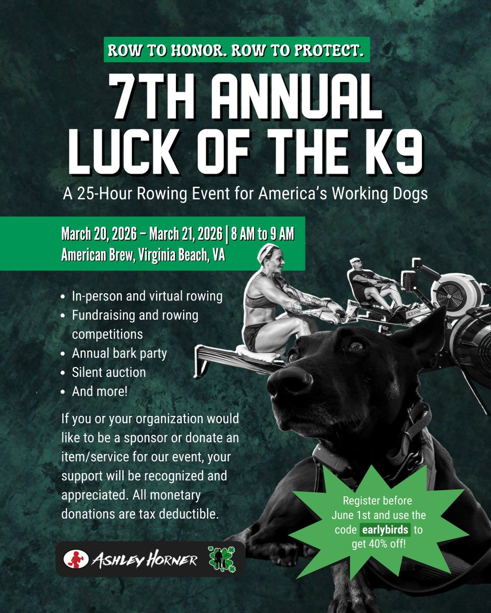 We’re gearing up for our 7th Annual Luck of the K9 &amp; 2026 promises to be the most impactful yet! 🍀🐺

Spike’s Pack, mark your calendars:

🗓 March 20-21, 2026
⏰ 8 AM to 9 AM
📍 American Brew, Virginia Beach, VA

Register by June 1st &amp; save 40% with code EARLYBIRDS.
Join