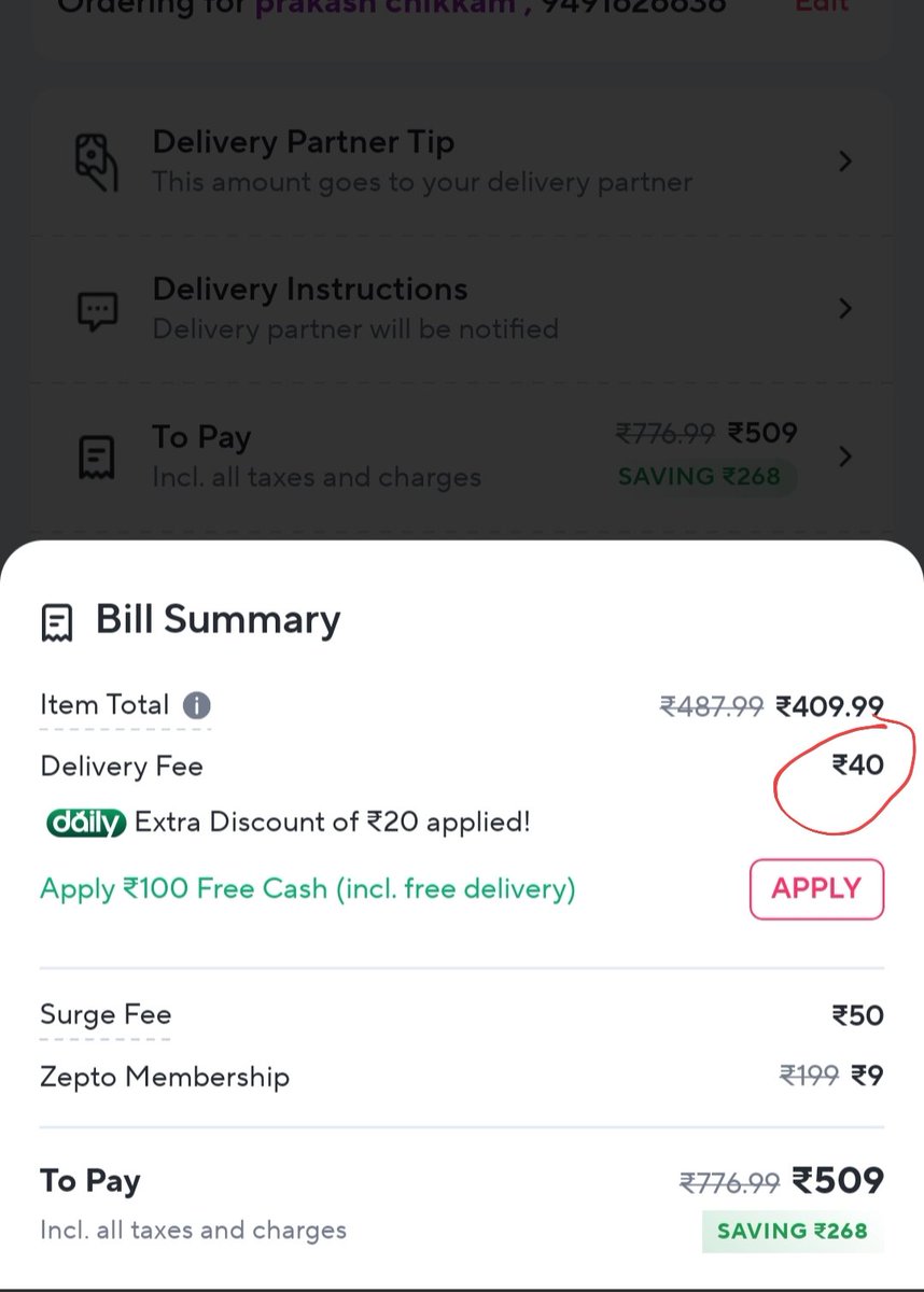 PrakashChikkam's tweet photo. @ZeptoNow @zeptocares @ZeptoNow Could you please respond to my queries regarding why zepto is charging delivery fee when there is a active membership where it's TC says every Order value greater ₹99 is free. But you still chargemore, you don't even respond properly to customer questions https://t.co/71V1ULe14s