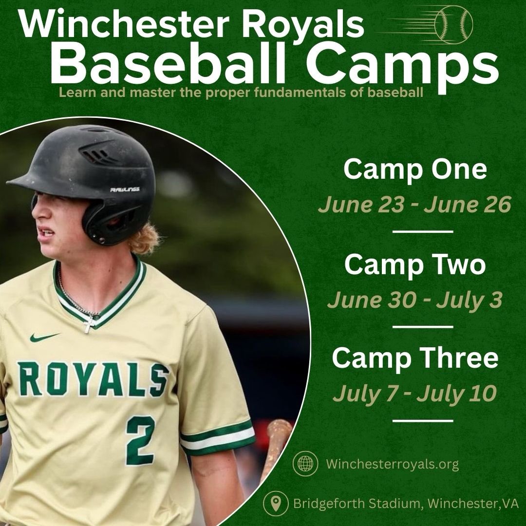 Still space available in all three camps this summer! Open to young players, ages 6-17. Your campers will learn fundamentals of the game from the Royals players &amp; coaches! Get registered today!
#YouthBaseball #BaseballCamp #WinchesterVA #SUMMERFUN #summerfunforkids