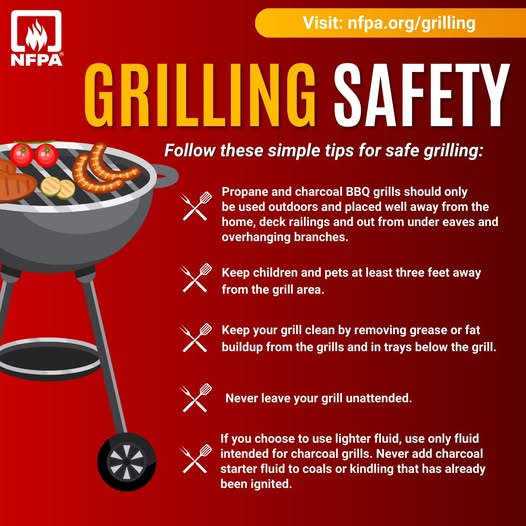 MWAAFireRescue's tweet image. 🔥 Grilling this Memorial Day Weekend? 🔥
Keep it safe:
✅ Grill outdoors, away from structures
✅ Never leave it unattended
✅ Keep kids & pets clear
✅ Clean grease buildup
Enjoy the BBQ — safely! 🍔🇺🇸
#GrillingSafety #MemorialDayWeekend #FireSafety
@NFPA @MWAAHQ