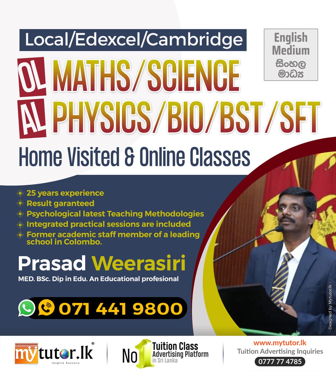 mytutorlk's tweet image. 🥇𝗧𝗼𝗽𝗔𝗱
Home Visited &amp;amp; Online classes MATHS &amp;amp; SCIENCE (O/L) / PHYSICS, BIO, BST &amp;amp; SFT (A/L)
View more : tinyurl.com/3dkxxm4f