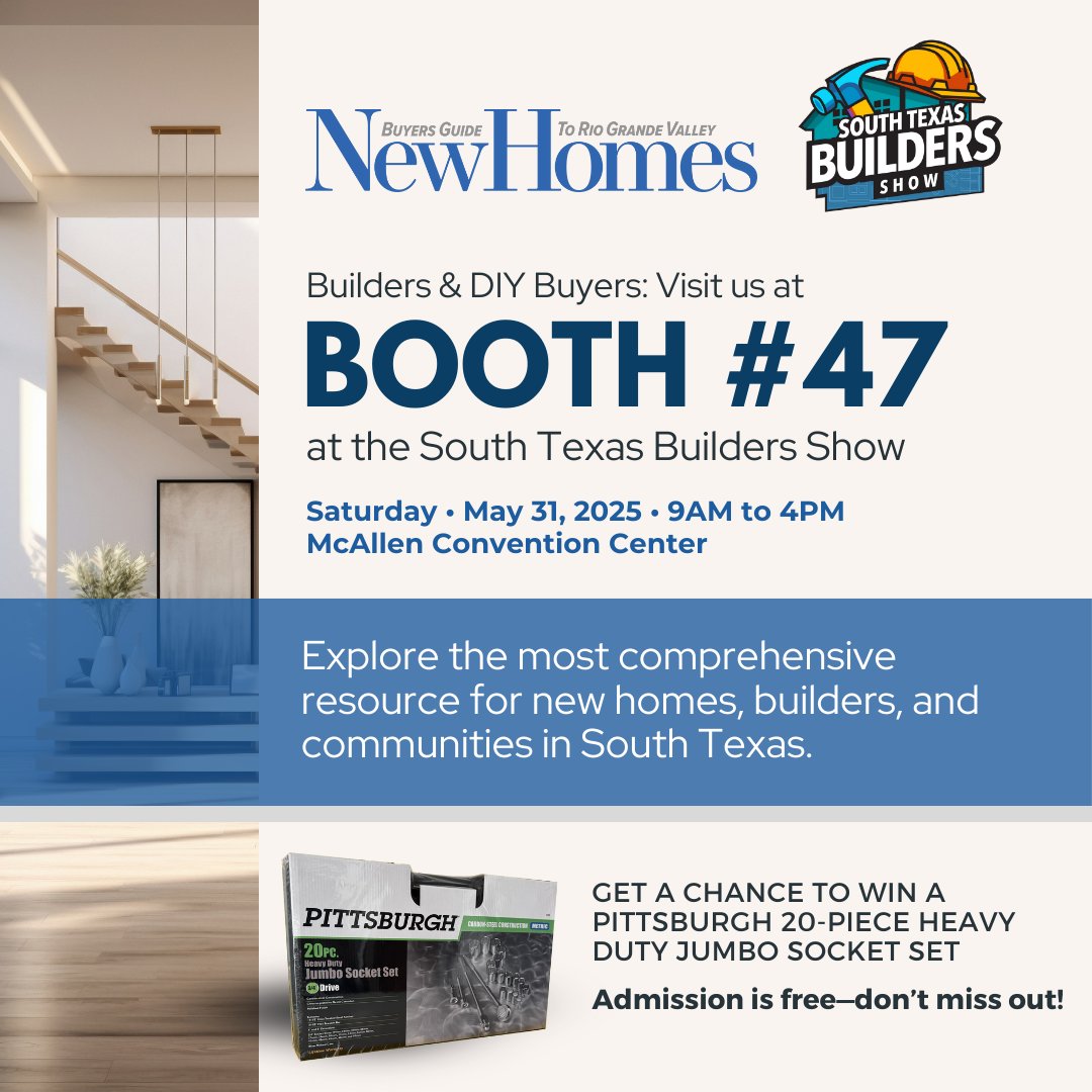 RGVnhg's tweet image. Discover new homes, master-planned communities, and builder insights — all in one place.
Stop by BOOTH #47 for info, ideas, and a chance to win a 20-piece jumbo socket set!
🎟 Admission is free
📍 Booth #47 | McAllen Convention Center
👇
🔗 SouthTexasBuildersShow.com
#RGVEvents