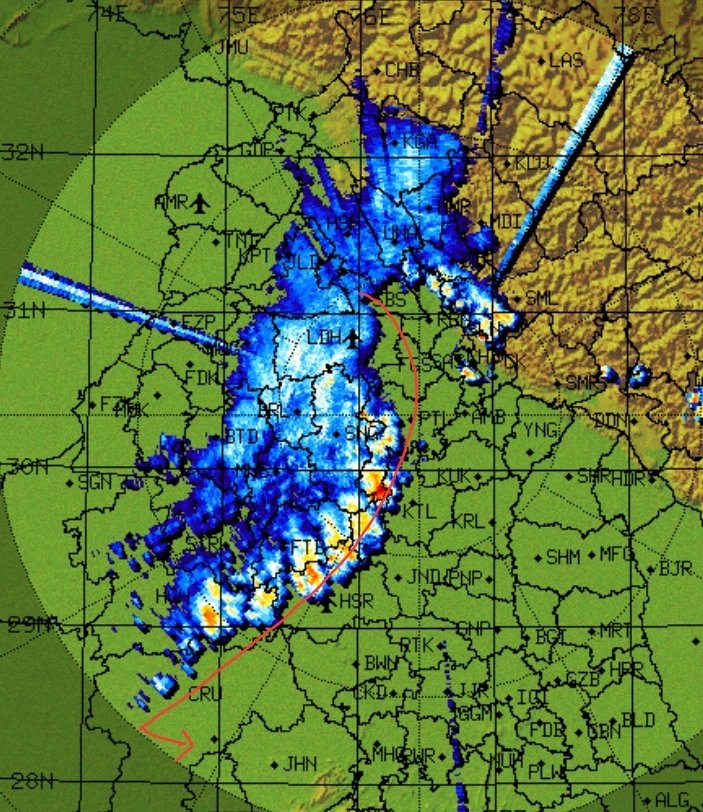 navdeepdahiya55's tweet image. Storm inching towards #Delhi NCR!
A slightly slow moving severe storm compared to earlier estimates now attained proper "Bow Echo" visible on radar imagery. 
Most parts of #Delhi #Gurgaon #Noida #Ghaziabad #Faridabad to be affected by strong #Duststorm and squally winds b/w 11:45