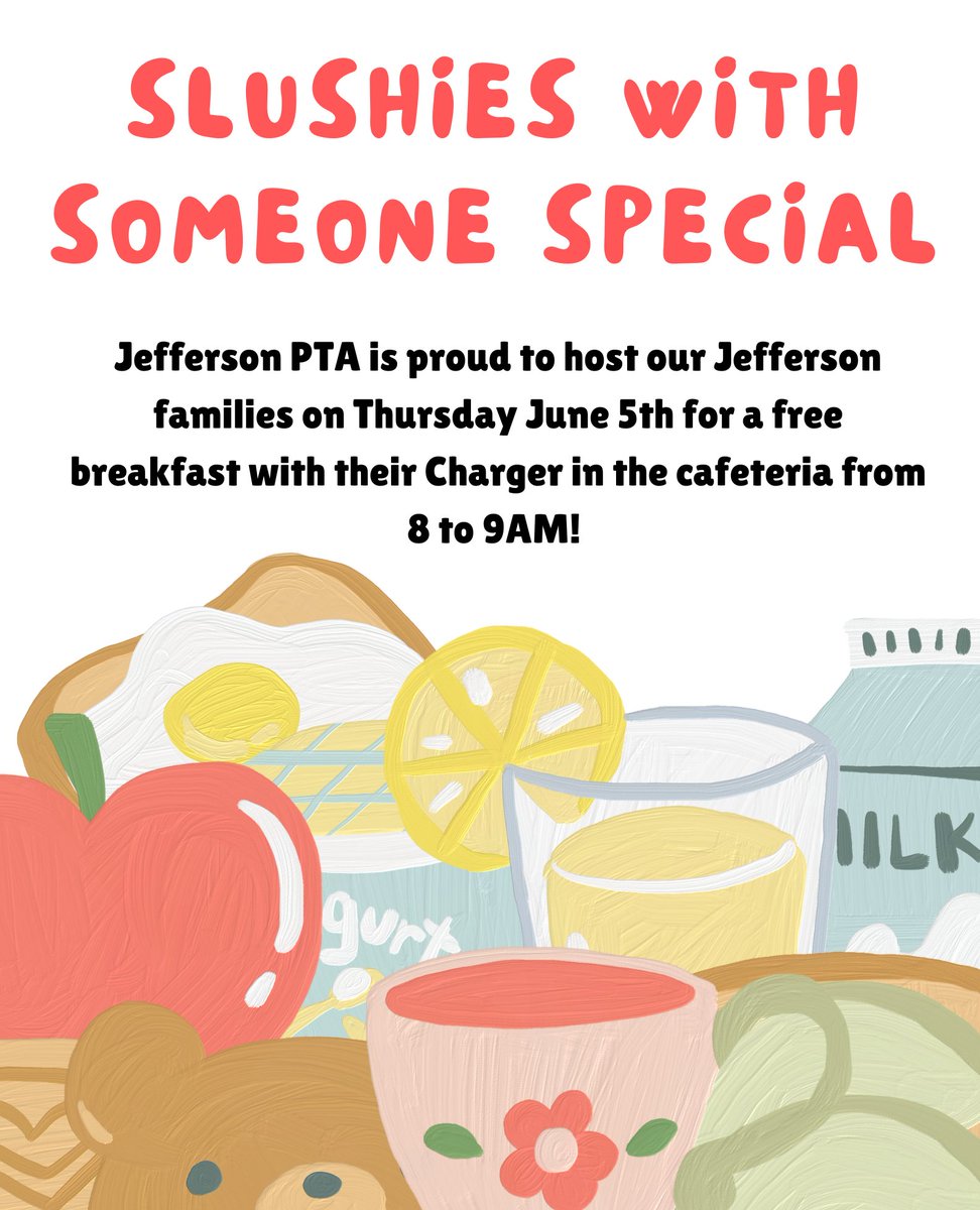 Jefferson PTA (@jfepta) on Twitter photo Please save the date for Slushies with Someone Special on Thursday June 5th, 2025! Jefferson PTA is proud to host our Jefferson families for a free breakfast with their Charger(s) in the cafeteria from 8:00 to 9:00am.
<a href="/EPS_JeffersonES/">Jefferson Elementary School - EPS</a> <a href="/everettschools/">Everett Public Schools.WA</a> <a href="/EverettPTSA/">Everett PTSA Council</a> Please save the date for Slushies with Someone Special on Thursday June 5th, 2025! Jefferson PTA is proud to host our Jefferson families for a free breakfast with their Charger(s) in the cafeteria from 8:00 to 9:00am.
<a href="/EPS_JeffersonES/">Jefferson Elementary School - EPS</a> <a href="/everettschools/">Everett Public Schools.WA</a> <a href="/EverettPTSA/">Everett PTSA Council</a>
