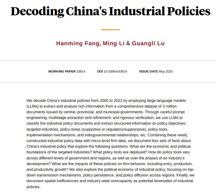 NBER (@nberpubs) on Twitter photo Extracting information from a dataset of 3 million documents issued by Chinese central, provincial, and municipal administrations to assess China's industrial policies over the period 2000 to 2022, from <a href="/HanmingF/">Hanming Fang</a>, Ming Li, and Guangli Lu nber.org/papers/w33814 Extracting information from a dataset of 3 million documents issued by Chinese central, provincial, and municipal administrations to assess China's industrial policies over the period 2000 to 2022, from <a href="/HanmingF/">Hanming Fang</a>, Ming Li, and Guangli Lu nber.org/papers/w33814