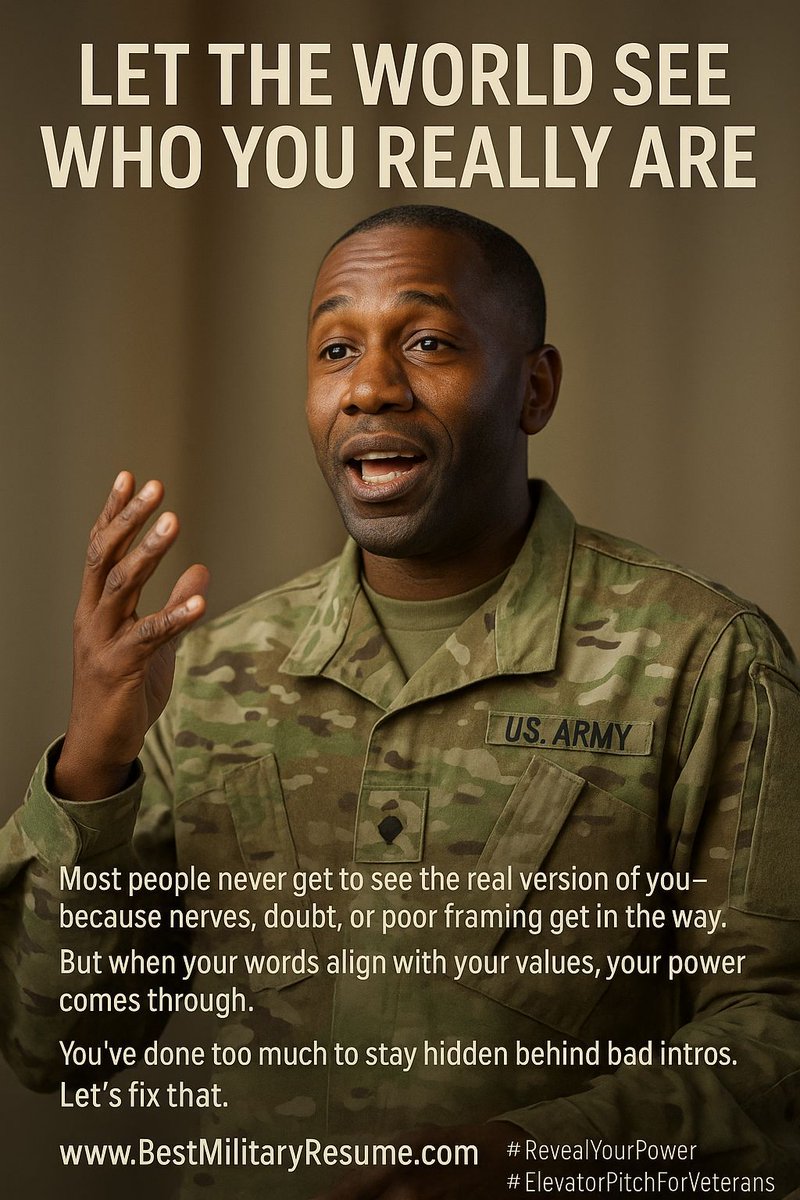 ResumeMilitary's tweet photo. hey see the uniform, but do they hear you? Nervous intros shouldn't hide your story. We've created the Elevator Pitch Generator at https://t.co/CVWVuH36v0 for veterans, helping you align with your values and make your voice heard. Visit https://t.co/l5J6t71jTv https://t.co/b2LxgePT1r