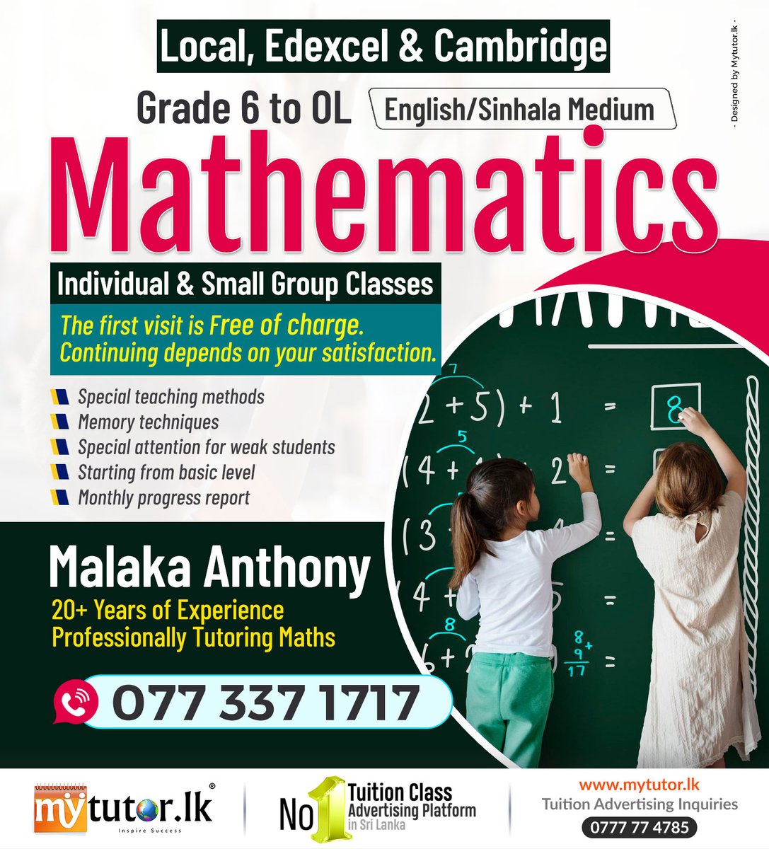 mytutorlk's tweet image. 🥇𝗧𝗼𝗽𝗔𝗱
MATHS (Individual/Group) Classes
View more : tinyurl.com/4bcwy3wk