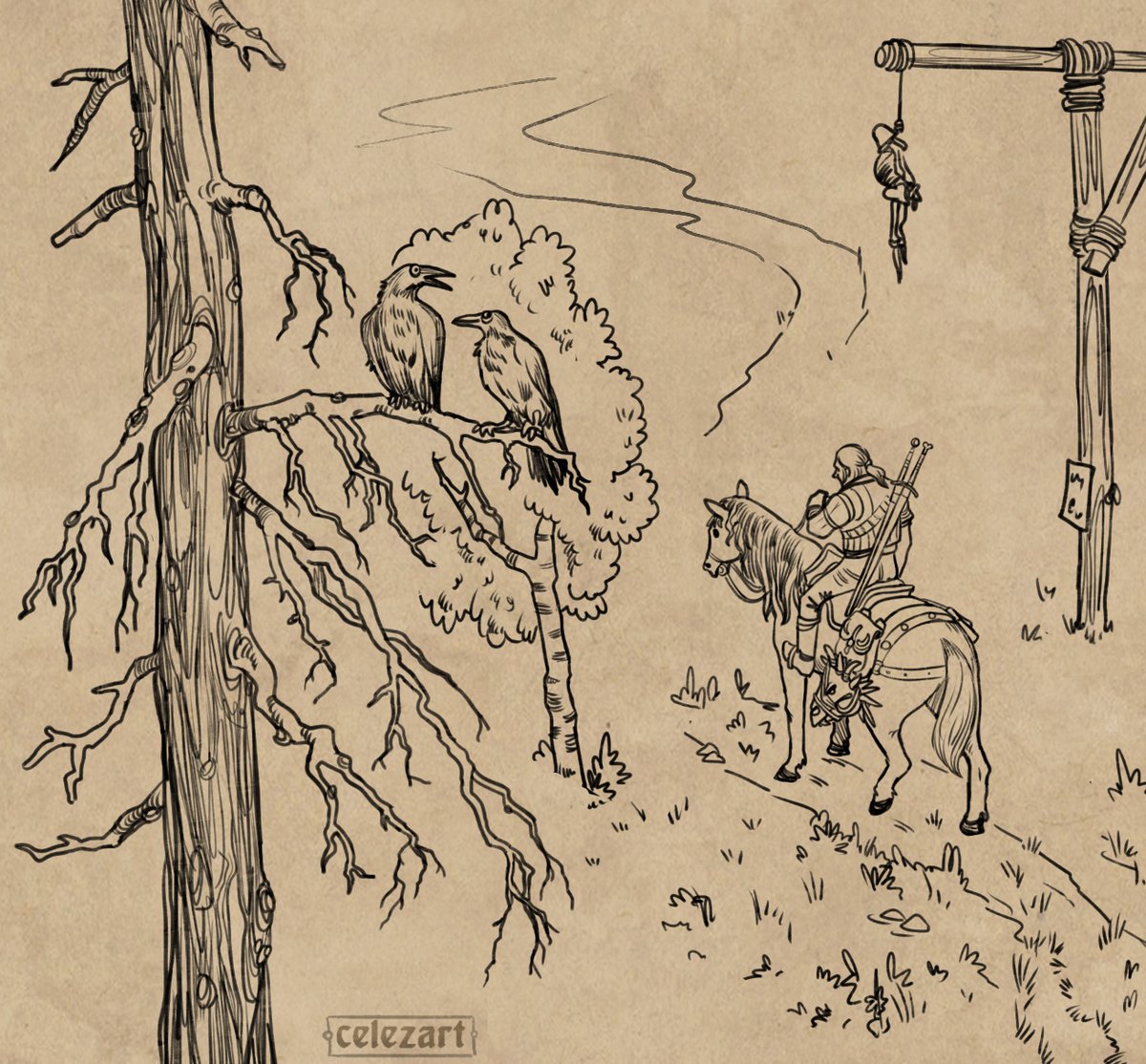 celezart's tweet image. Working on drawing of Velen landscape and Crow's Perch from Witcher 3. My fav location with atmosphere of swamps, dead pines and gallows
#witcher