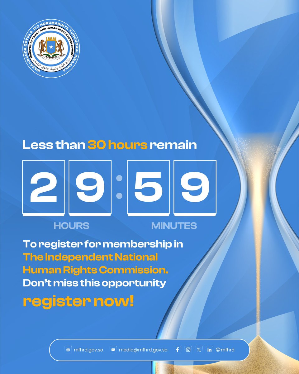 Final Reminder | Call for SIHRC Commissioner Applications

The Ministry of Family and Human Rights Development reminds all qualified Somali citizens that the window to apply for the position of Commissioner of the Somali Independent Human Rights Commission (SIHRC) is closing