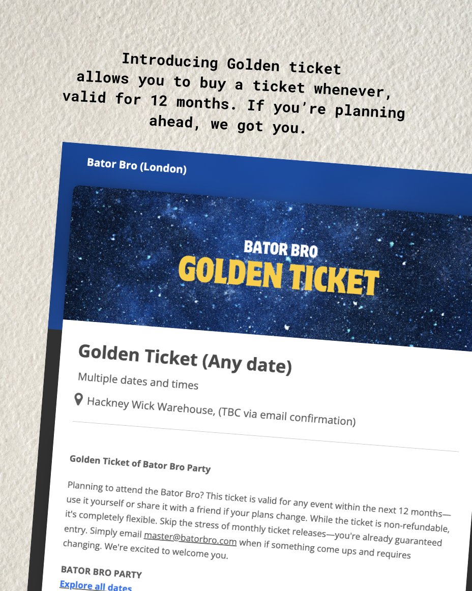 Tickets for the next 6 months are now available, with alerts and reminders. We've also introduced Golden Tickets—ideal for those seeking guaranteed entry and booking flexibility when planning.

tickettailor.com/events/batorbro