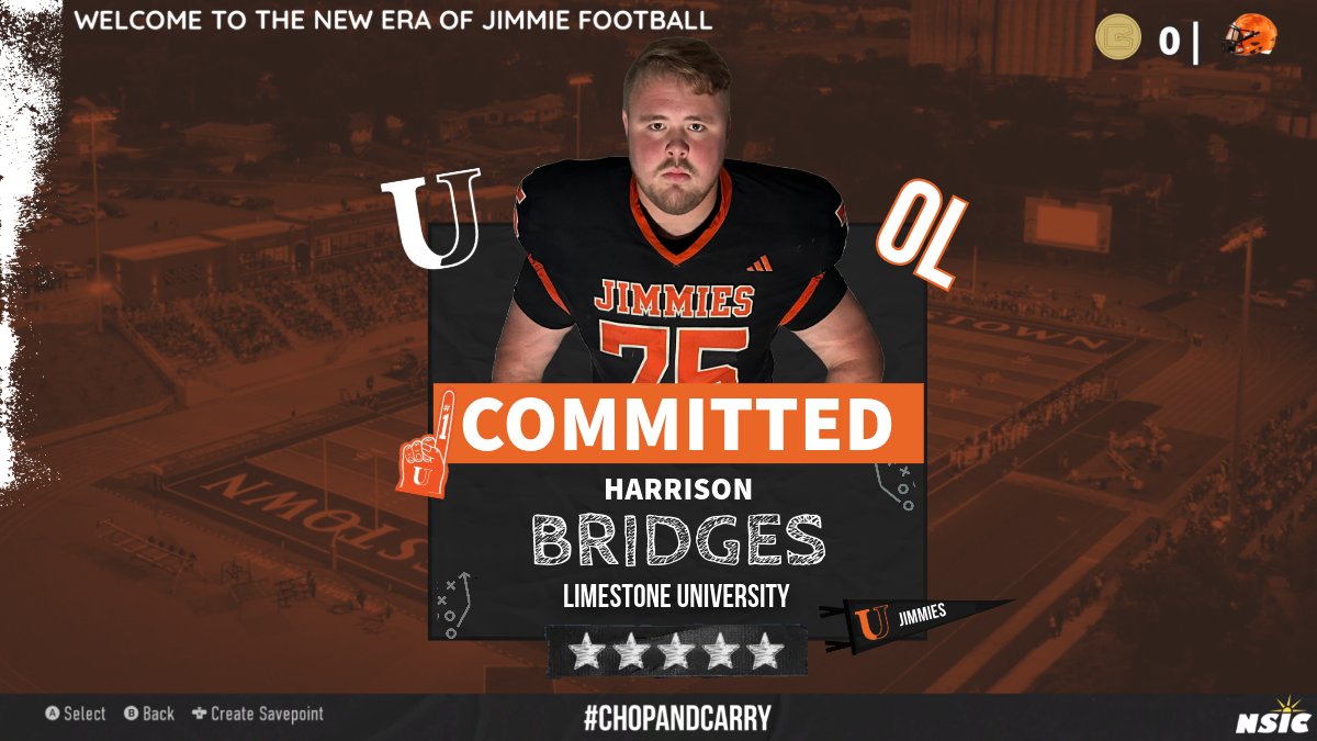 Harrison Bridges (@hbridges75) on Twitter photo I first want to thank all of the coaches who reached out to me and for all of the support from my friends and family! With that being said, I'm 100% COMMITTED to the University of Jamestown!!! <a href="/coach_skelly/">Coach Kelly</a> <a href="/Coach_Mistro/">Brian Mistro</a> <a href="/CoachCab17/">Harry Cabaniss</a> <a href="/CoachDailey_64/">Coach Jonathan Dailey</a> <a href="/CoachRentz8/">Michael Rentz</a> I first want to thank all of the coaches who reached out to me and for all of the support from my friends and family! With that being said, I'm 100% COMMITTED to the University of Jamestown!!! <a href="/coach_skelly/">Coach Kelly</a> <a href="/Coach_Mistro/">Brian Mistro</a> <a href="/CoachCab17/">Harry Cabaniss</a> <a href="/CoachDailey_64/">Coach Jonathan Dailey</a> <a href="/CoachRentz8/">Michael Rentz</a>