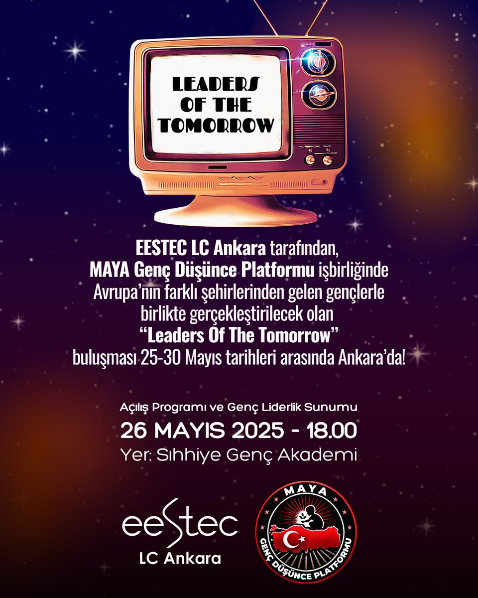 MAYA Genç Düşünce Platformu işbirliğinde, EESTEC LC Ankara tarafından, Avrupa’nın farklı şehirlerinden gelen genç arkadaşlarımızın katılımlarıyla gerçekleşecek “Leaders Of The Tomorrow” buluşması Ankara’da başlıyor! 

Genç liderlik üzerine sunum gerçekleştirilecek açılış
